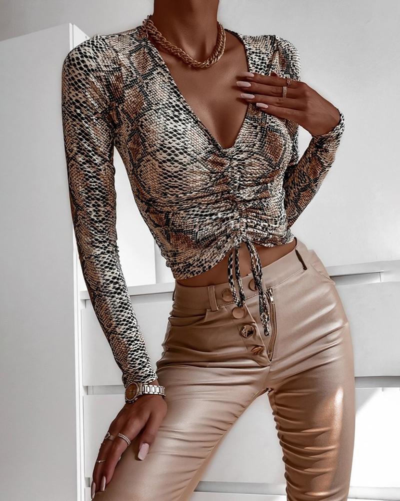 

Snakeskin Print Drawstring Ruched Long Sleeve Top