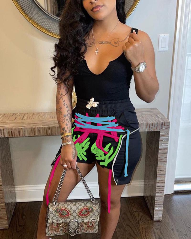 

Graphic Print Sleeveless Slimm Skinny Tank With Shorts Suit Sets, Hot pink