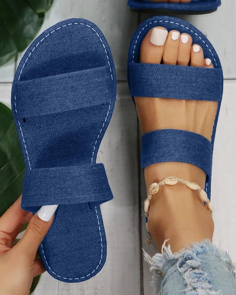 

Denim Look Print Double Strap Summer Beach Slippers, Blue