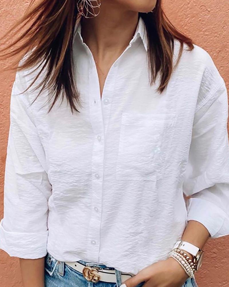 

Solid Long sleeve Bottom Down Causal Shirt, White