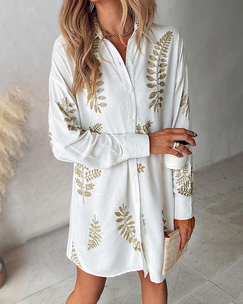 

Leaf Embroidery Long Sleeve Shirt Dress, White
