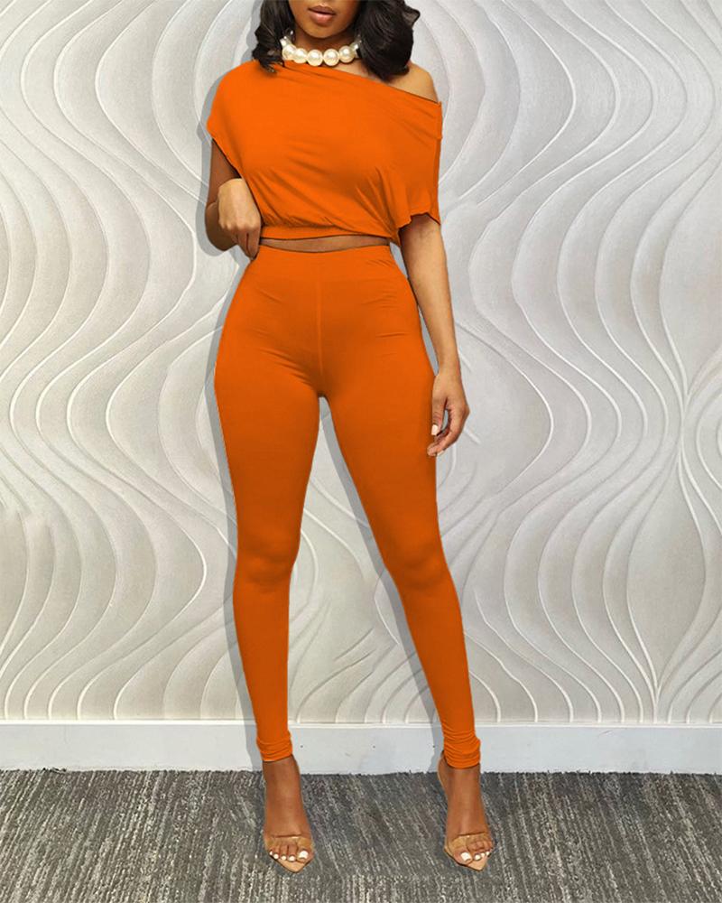 

Slash Neck Short Sleeve Top & High Waist Pants Set, Orange