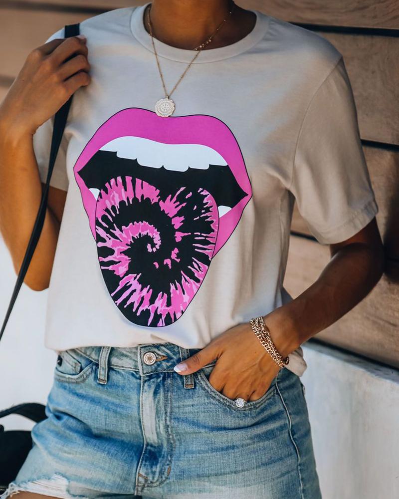 

Cartoon Lip Print Short Sleeve T-shirt, Khaki