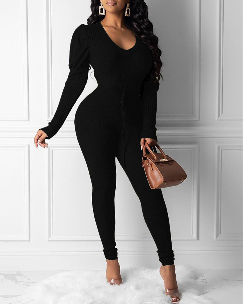 

Ribbed V Neck Gigot Sleeve Top & Drawstring Pants Set, Black