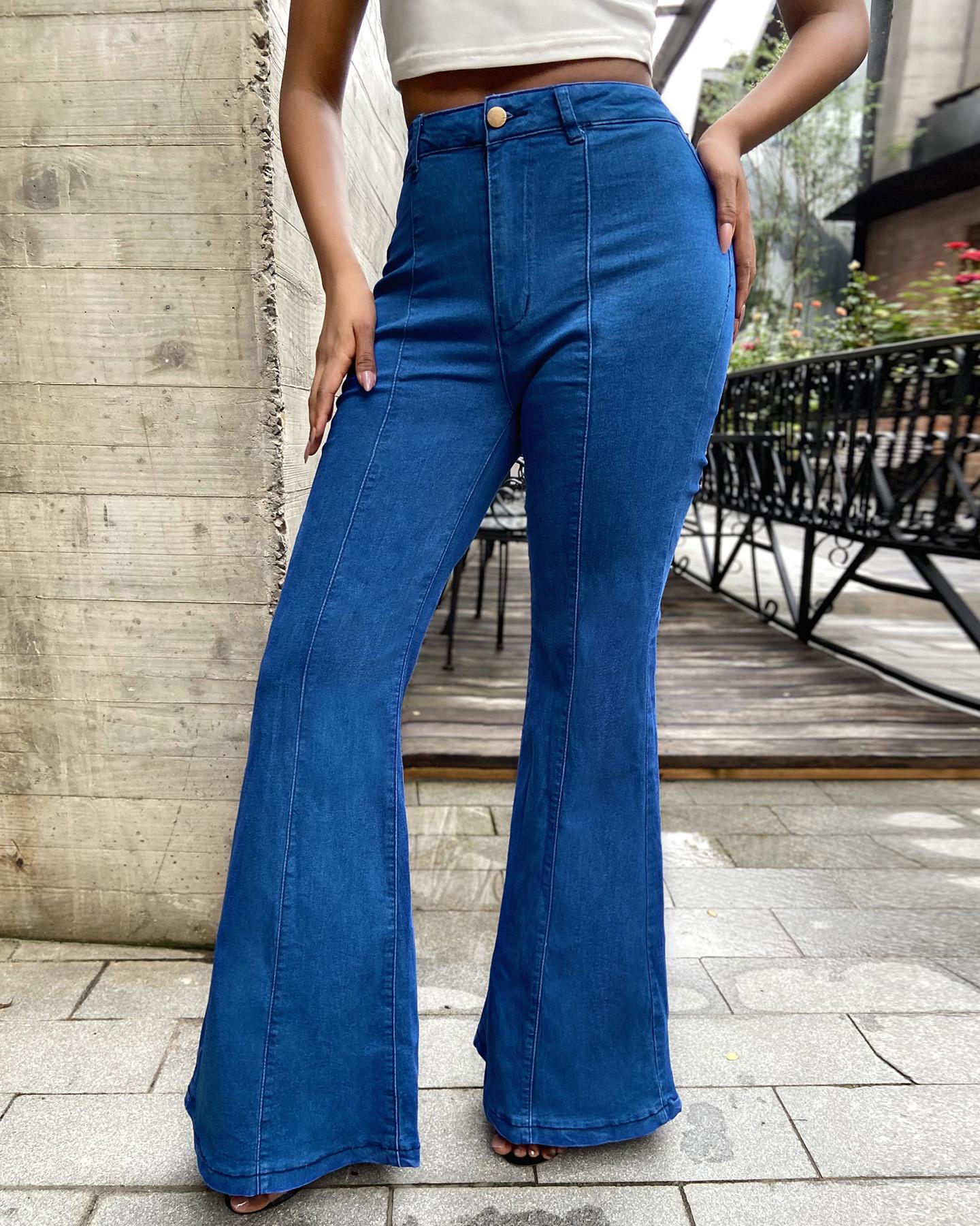 

High Waist Wide Leg Single Button Denim Pants, Blue
