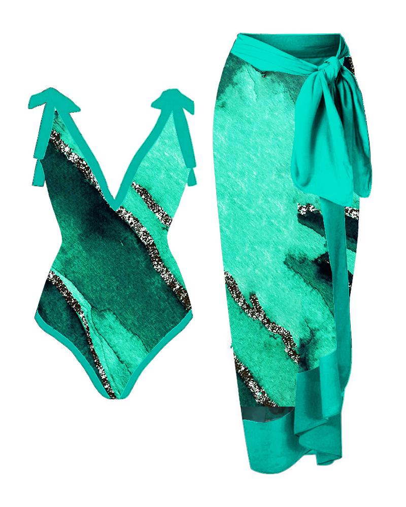 

Marble Print Tied Detail Plunge One Piece Swimsuit With Cover Up, Green