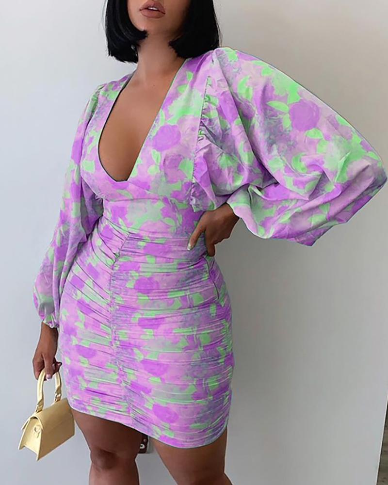 

Floral Pattern Print Lantern Sleeve Ruched Bodycon Dress Sexy V-neck Dress, Purple