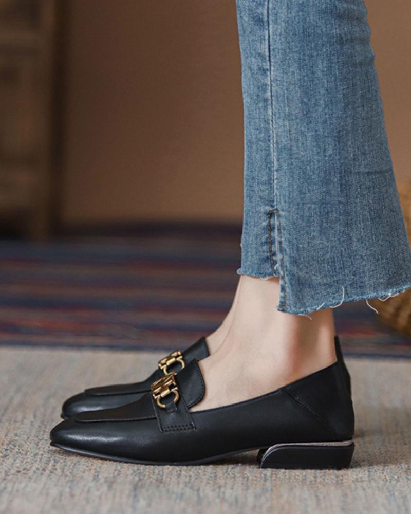 

Square-toe Splicing Letter Buckles Shallow Mouth Loafers, Black