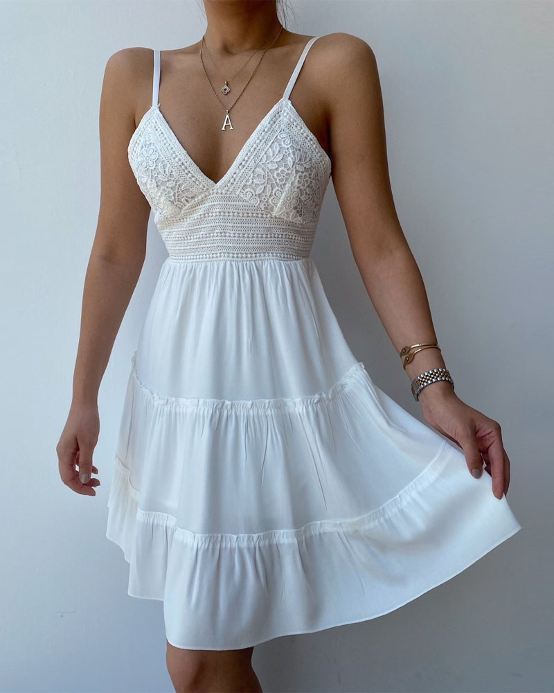 

Crochet Lace Tied Detail Backless Cami Dress, White