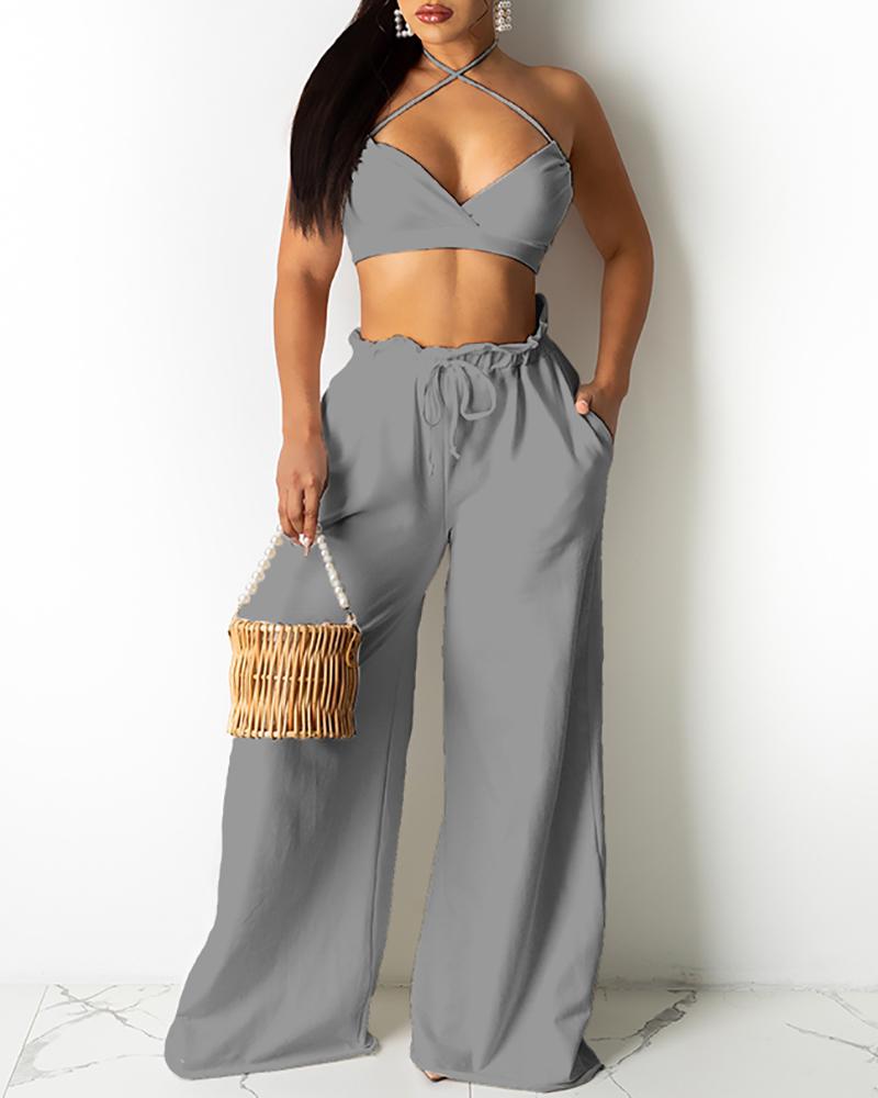 

Halter Ruched Crop Top & Frill Hem Drawstring Pants Set, Gray