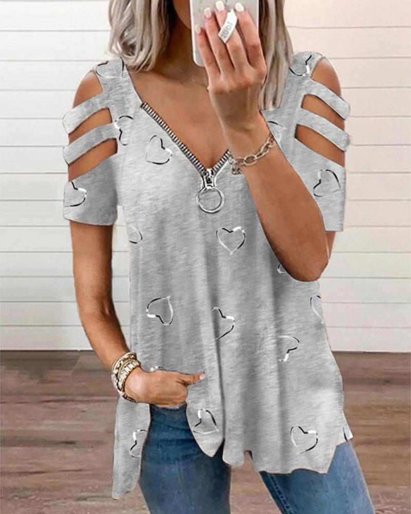 

Heart Print Ladder Cutout Cold Shoulder Top, Gray