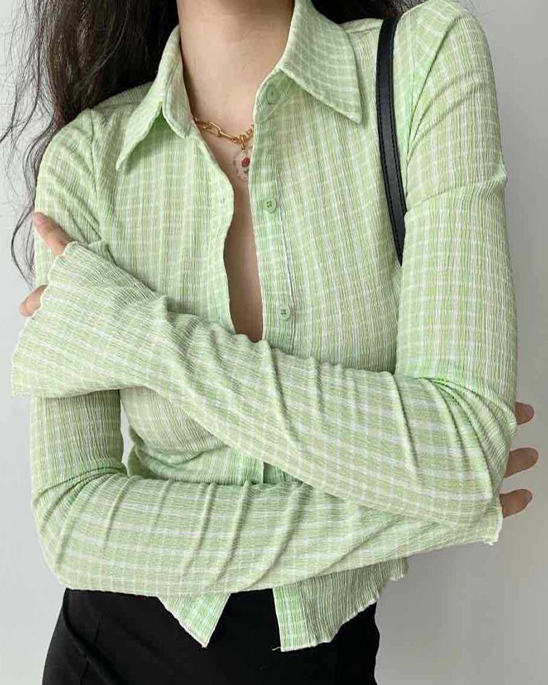 

Plaid Print Button Design Long Sleeve Shirt, Green