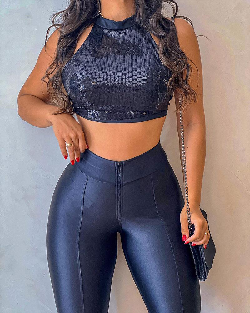 

Halter Backless Sequin Crop Top & Flared Leg Pants Set, Black