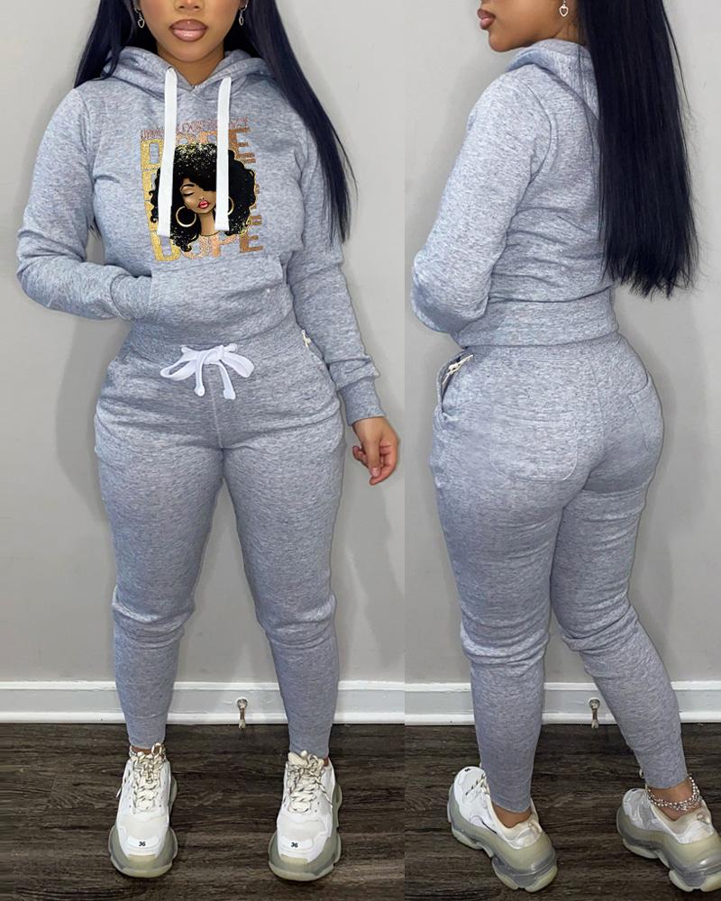 

Figure Letter Print Casual Hoodie & Pants Set, Gray