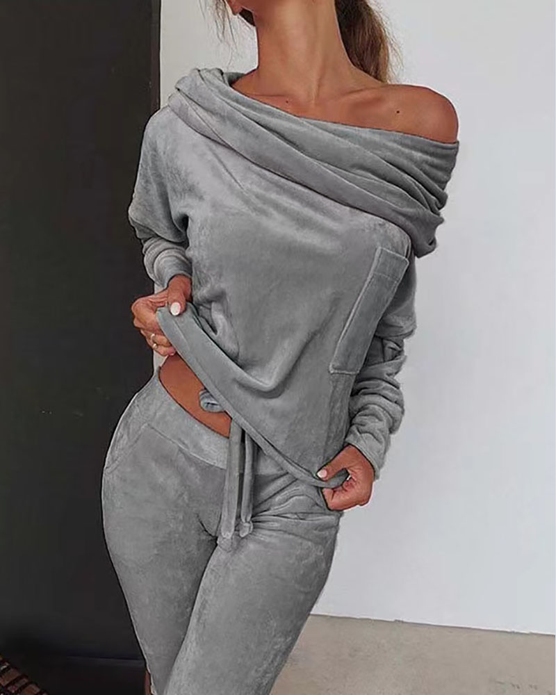 

Off Shoulder Velvet Drawstring Top & Pants Set, Gray