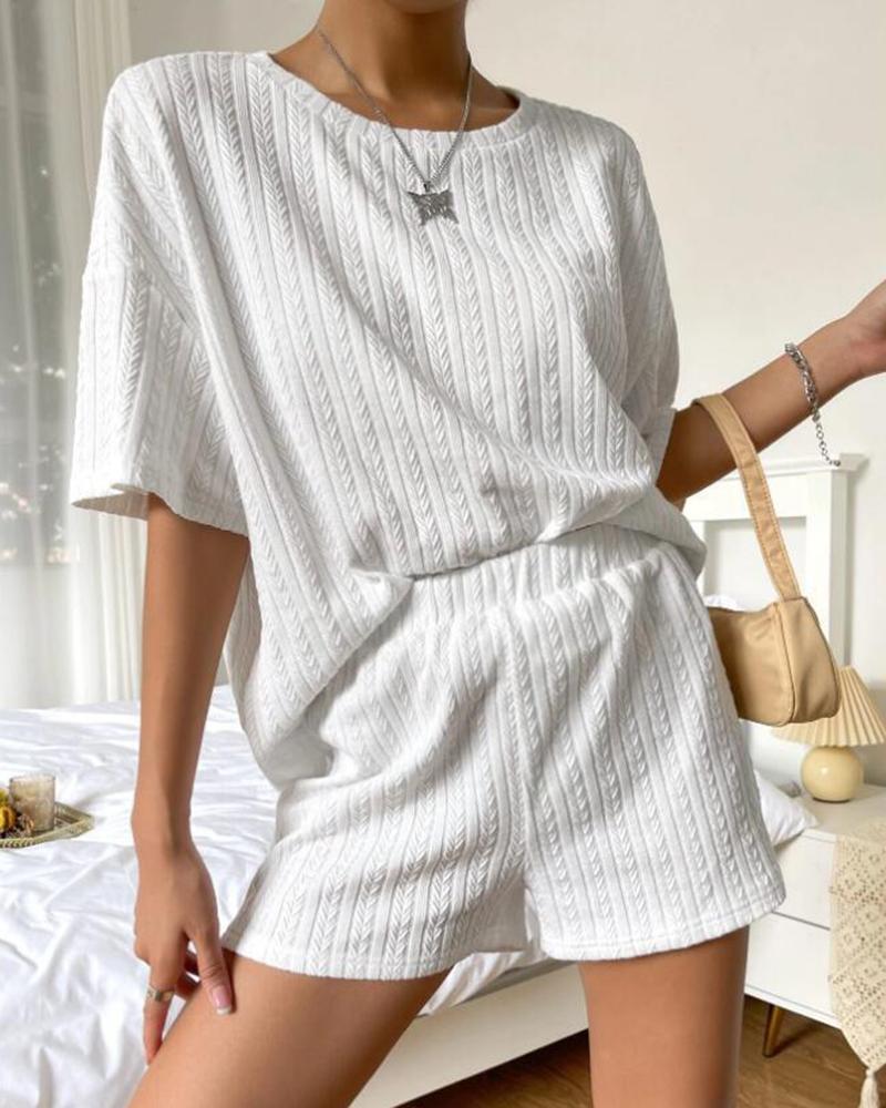 

Cable Textured Half Sleeve Pajamas Set, White