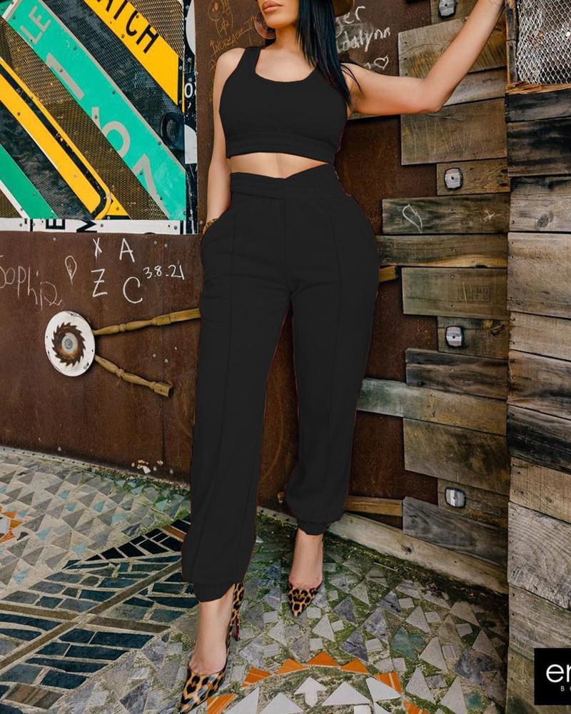 

Shirred Crop Top & Pocket Design Pants Set, Black