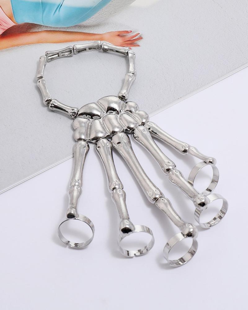 

Halloween Skull Skeleton Hand Bracelet With Ring, Silver
