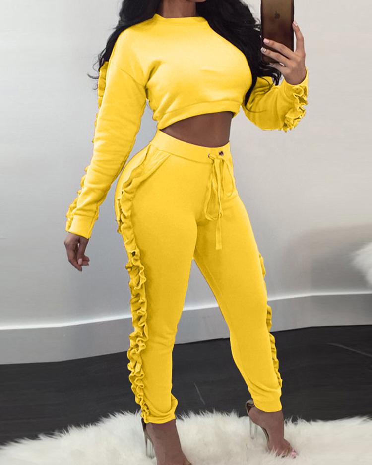 

Frilled Long Sleeve Cropped Sweatshirt Sets, Yellow
