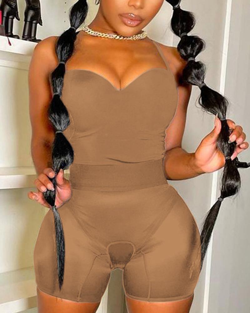 

Spaghetti Strap Bodysuit & Sheer Mesh Shorts Set, Brown