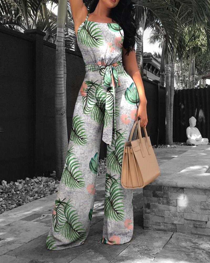 

Leaf Print Colorblock Sleeveless Tie Front Jumpsuit, Gray