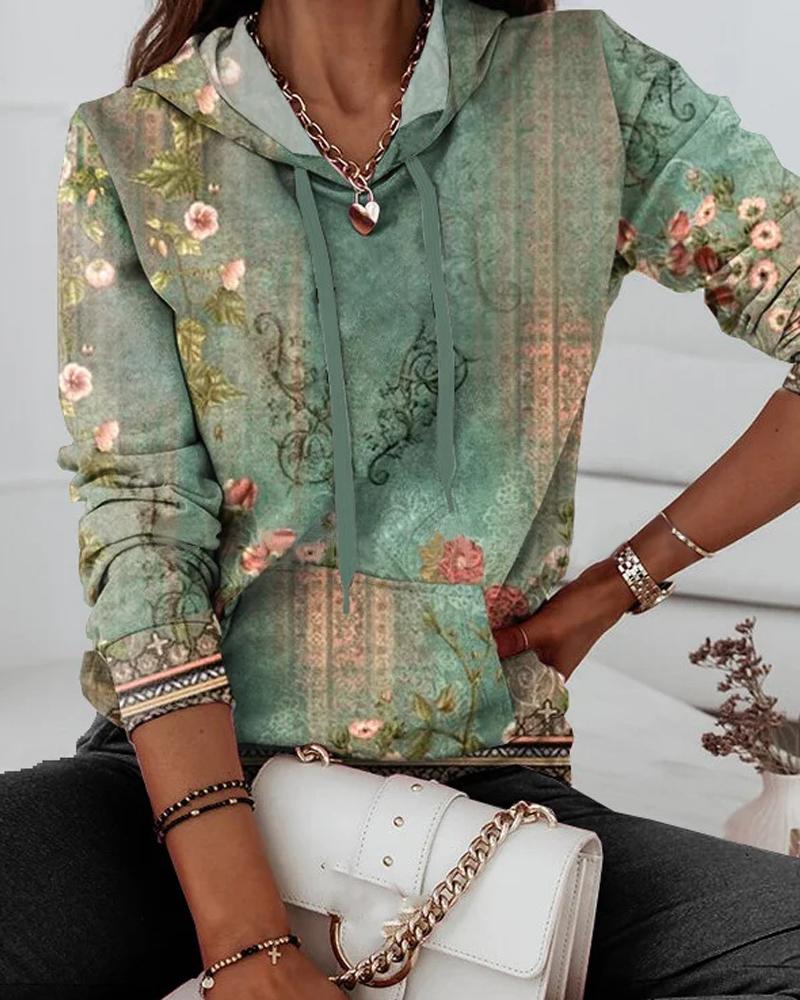 

Floral Tribal Print Pocket Design Hoodie, Green