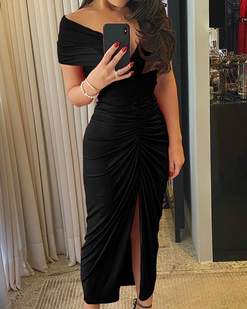 

Off Shoulder Ruched High Slit Dress, Black