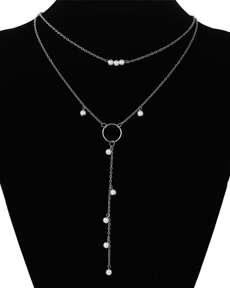 

1pc Beaded O-Ring Tassel Design Necklace, Silver