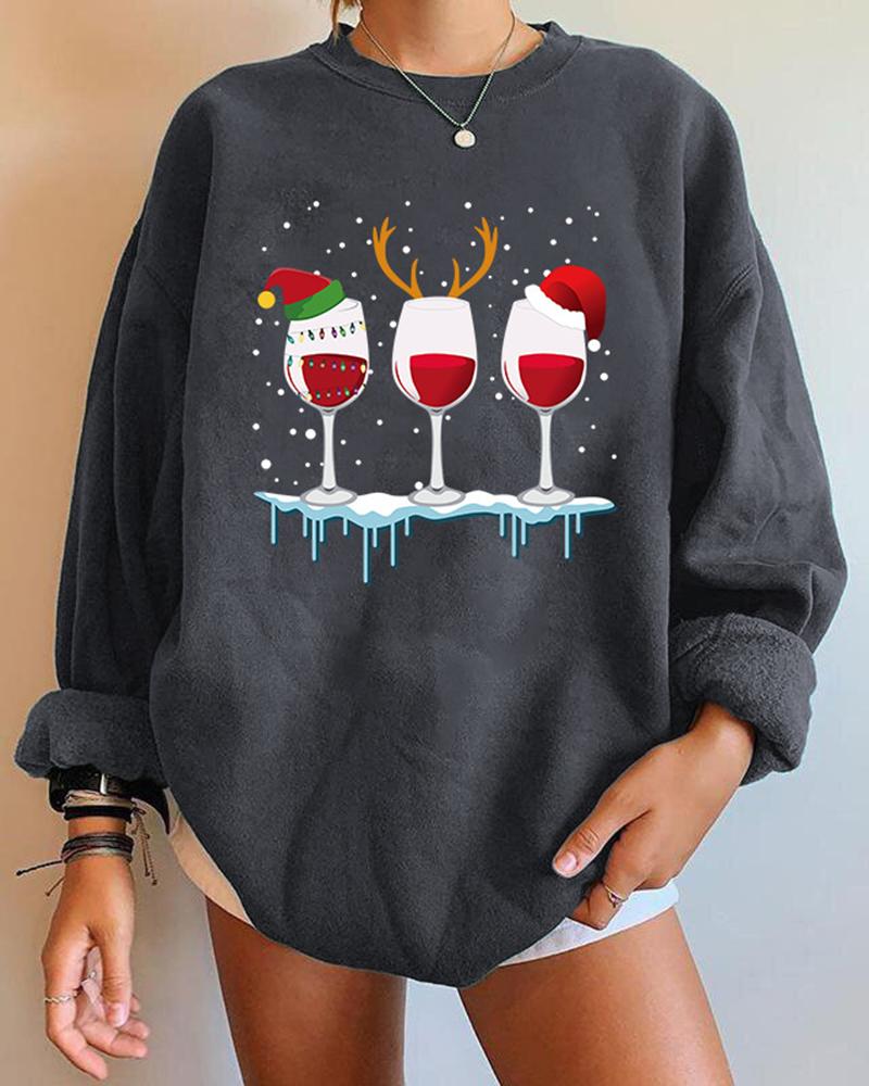 

Christmas Wine Glass Print Long Sleeve Sweatshirt, Gray