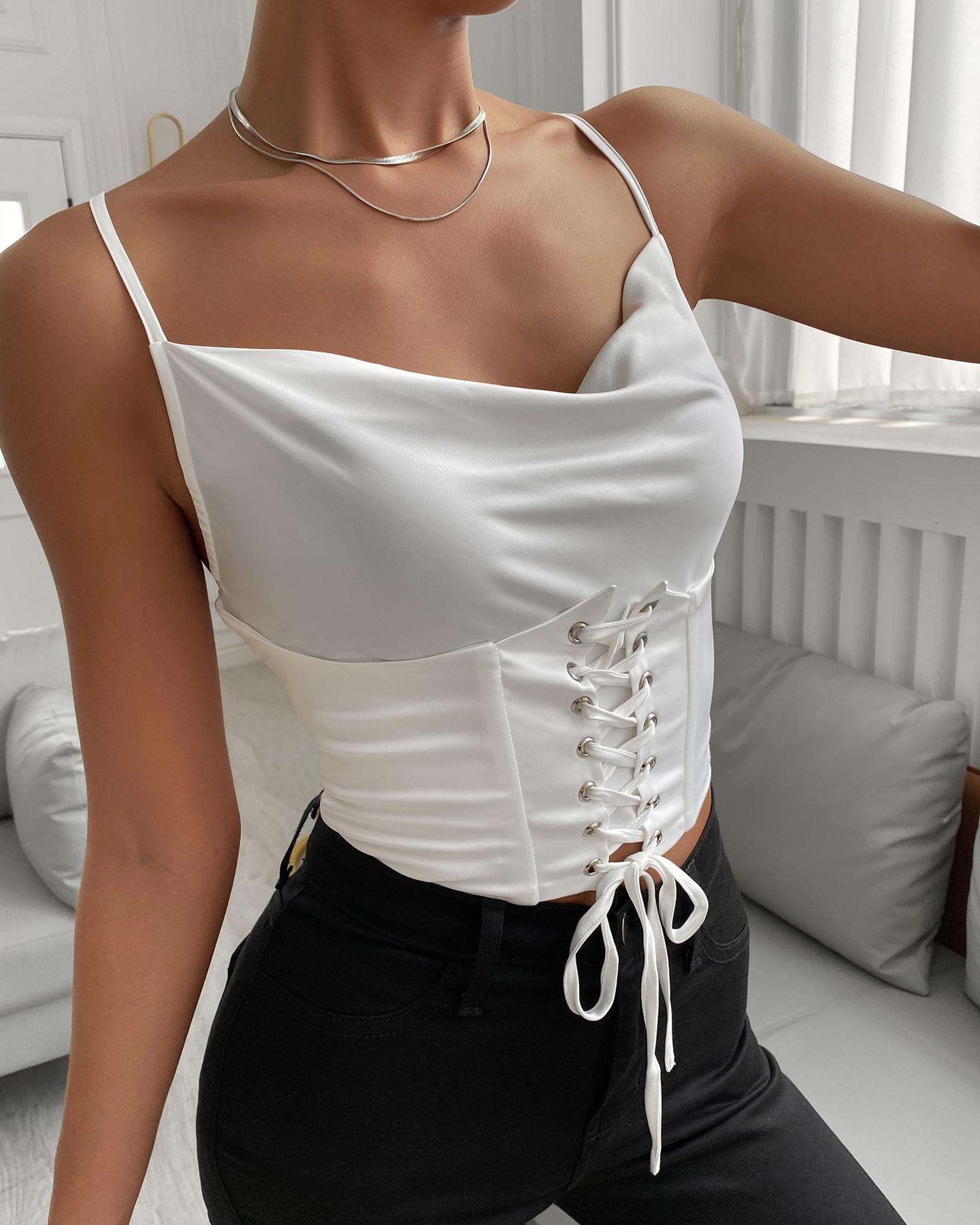 

Cowl Neck Eyelet Lace Up Halter Crop Top, White