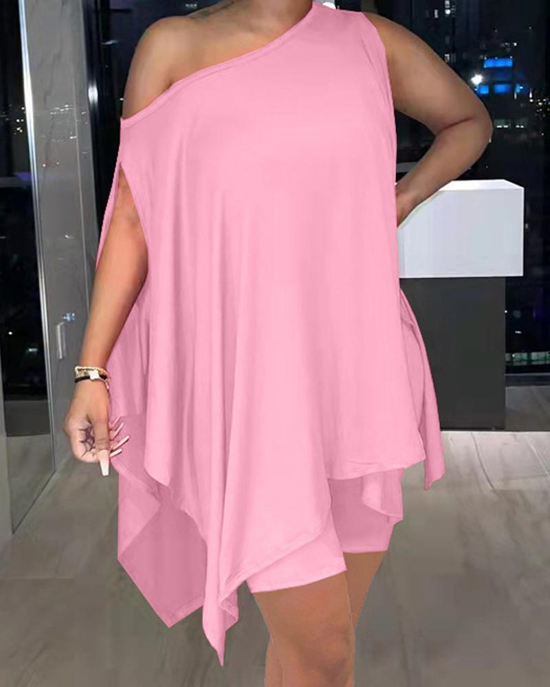

Cold Shoulder Split Hem Asymmetrical Top & Shorts Set, Pink