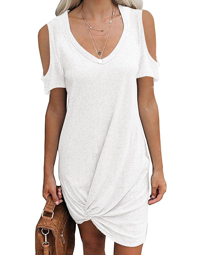 

Solid Color Cold Shoulder Twisted Knot Dress, White