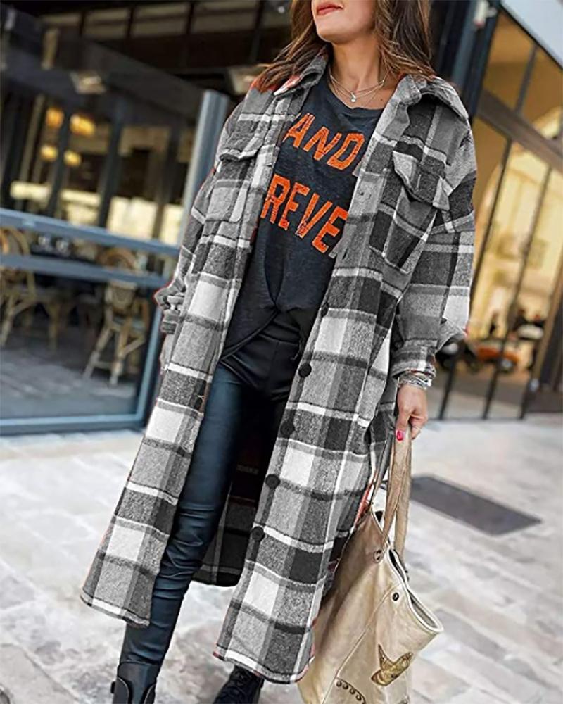 

Lantern Sleeve Plaid Print Longline Shacket, Black