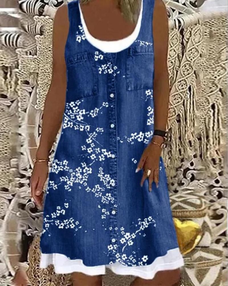 

Floral Print Patchwork Casual Tank Dress, Blue