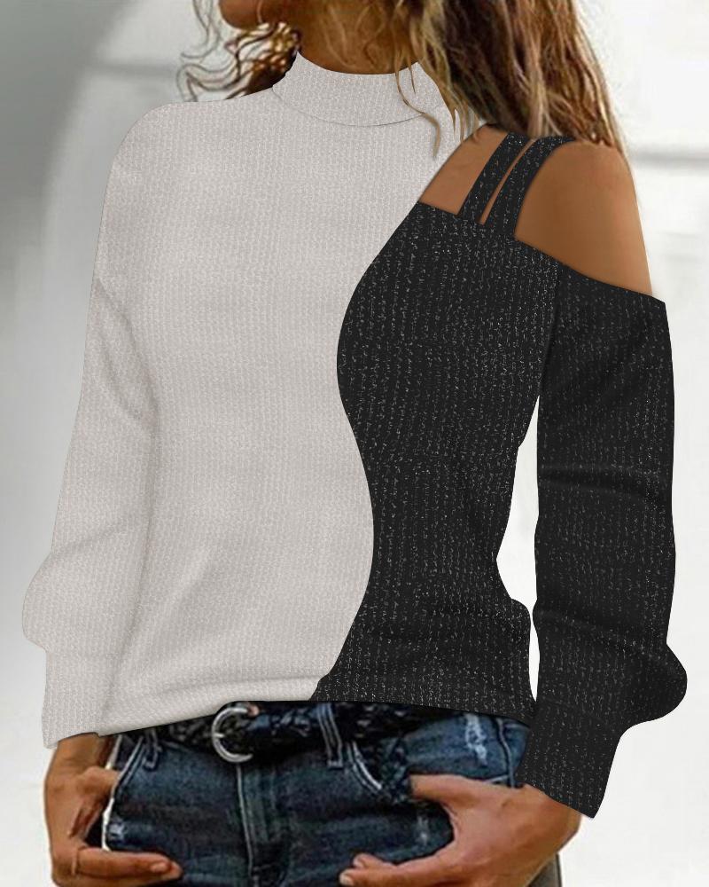 

Colorblock Glitter Cold Shoulder Top, Black