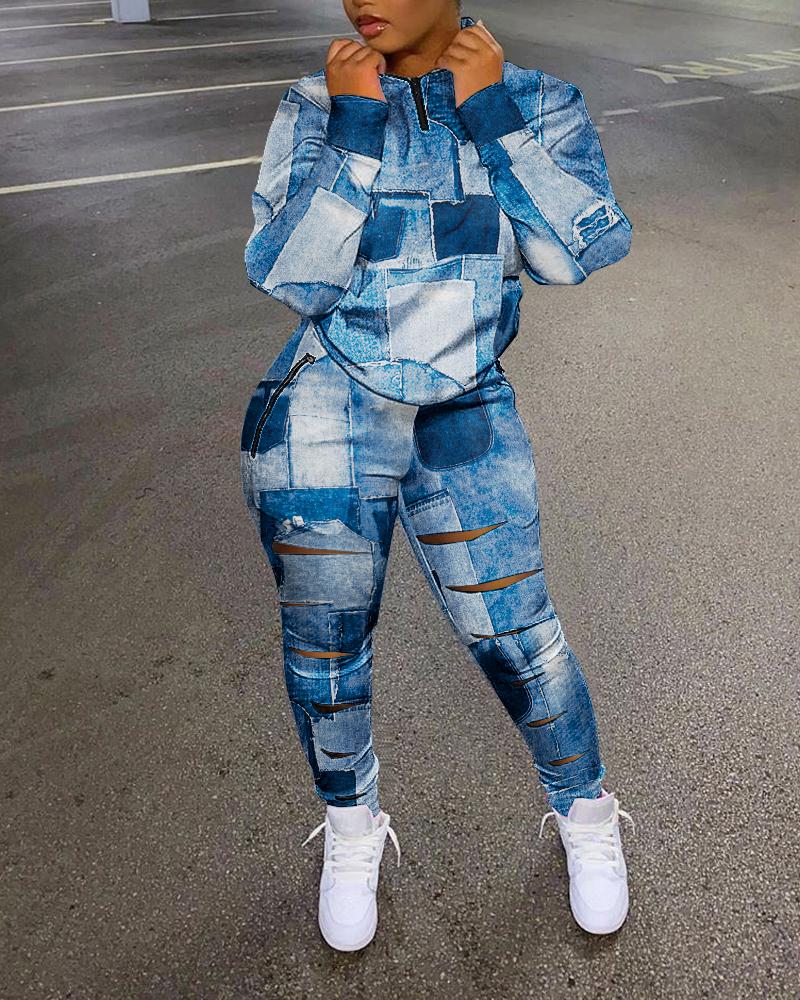 

Denim Look Print Zip Detail Top & Ladder Cutout Pants Set, Blue