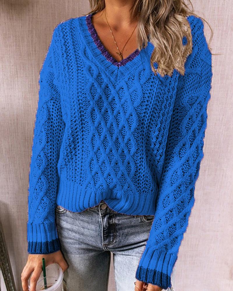 

Braided Knit Long Sleeve Sweater, Blue