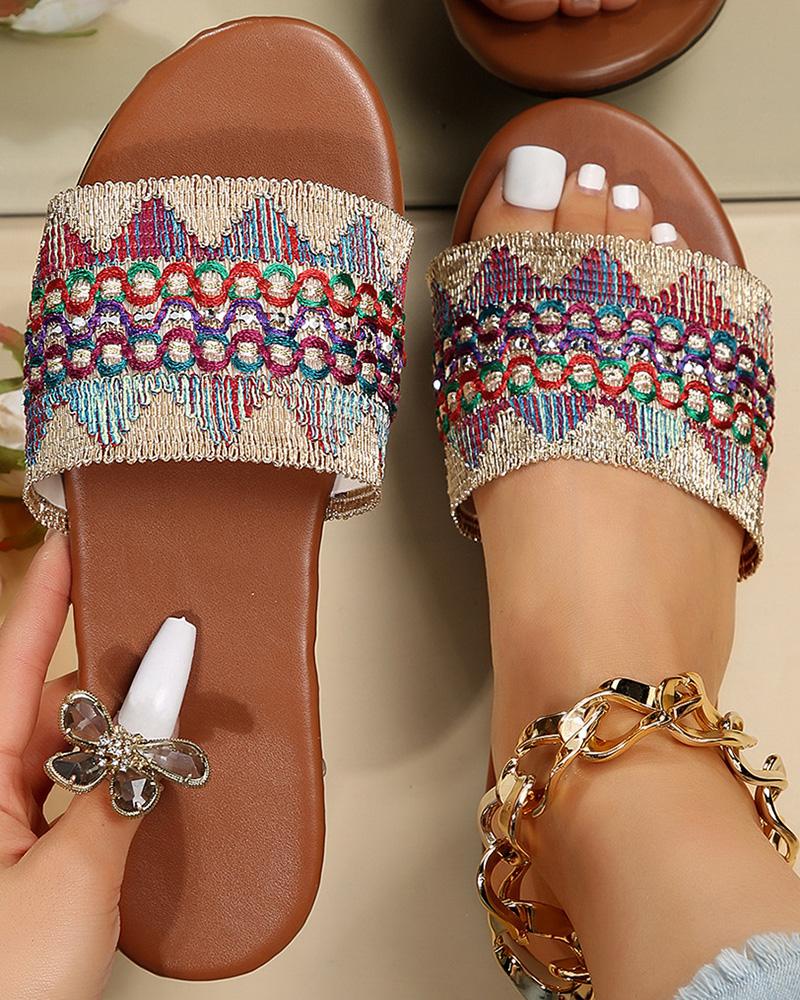 

Tribal Embroidery Wide Strap Slippers, Multicolor