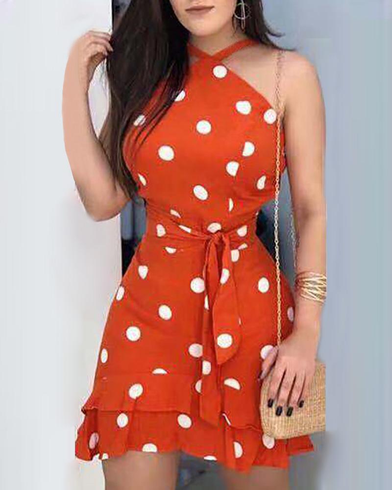 

Polka Dots Print Tie Waist Ruffle Hem Dress, Orange