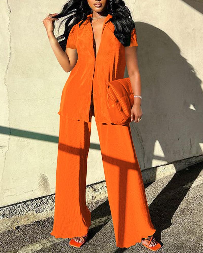 

Short Sleeve Button Down Shirt & Pants Set, Orange