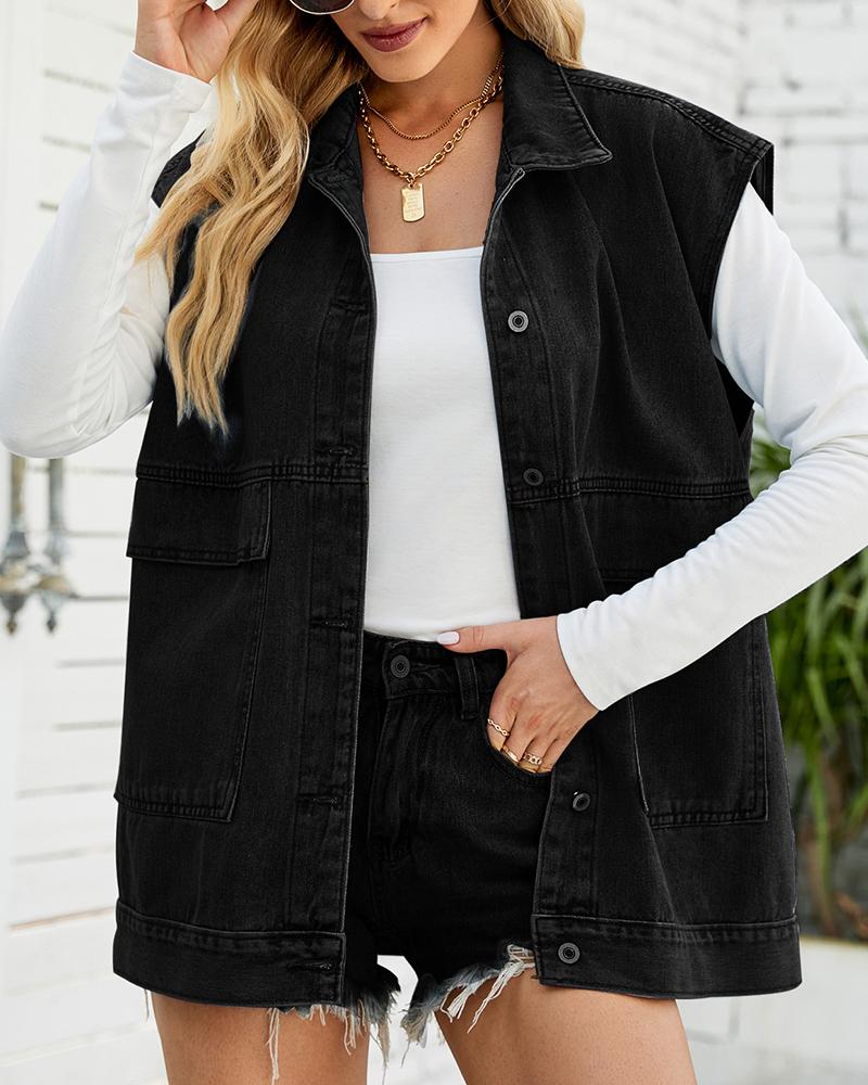 

Pocket Design Buttoned Cap Sleeve Denim Coat, Black
