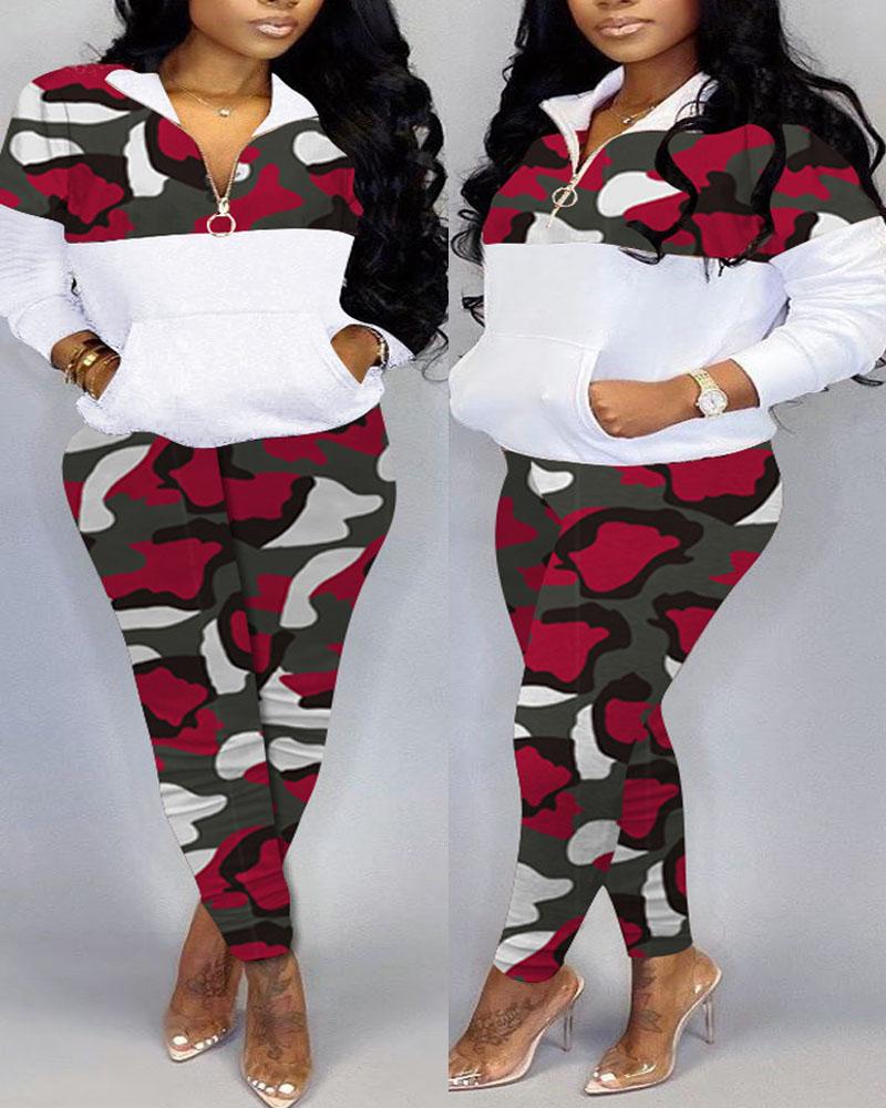 

Plus Size Camouflage Print Long Sleeve Top & Pants Set, Red