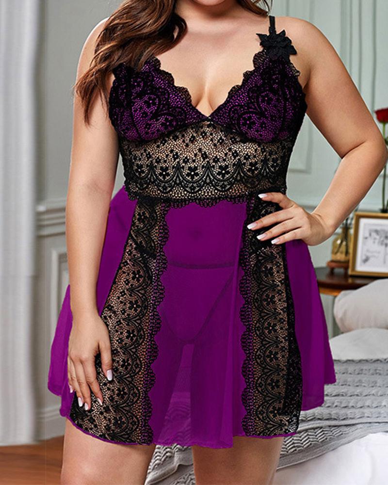 

Plus Size Contrast Paneled Lace Babydoll, Purple