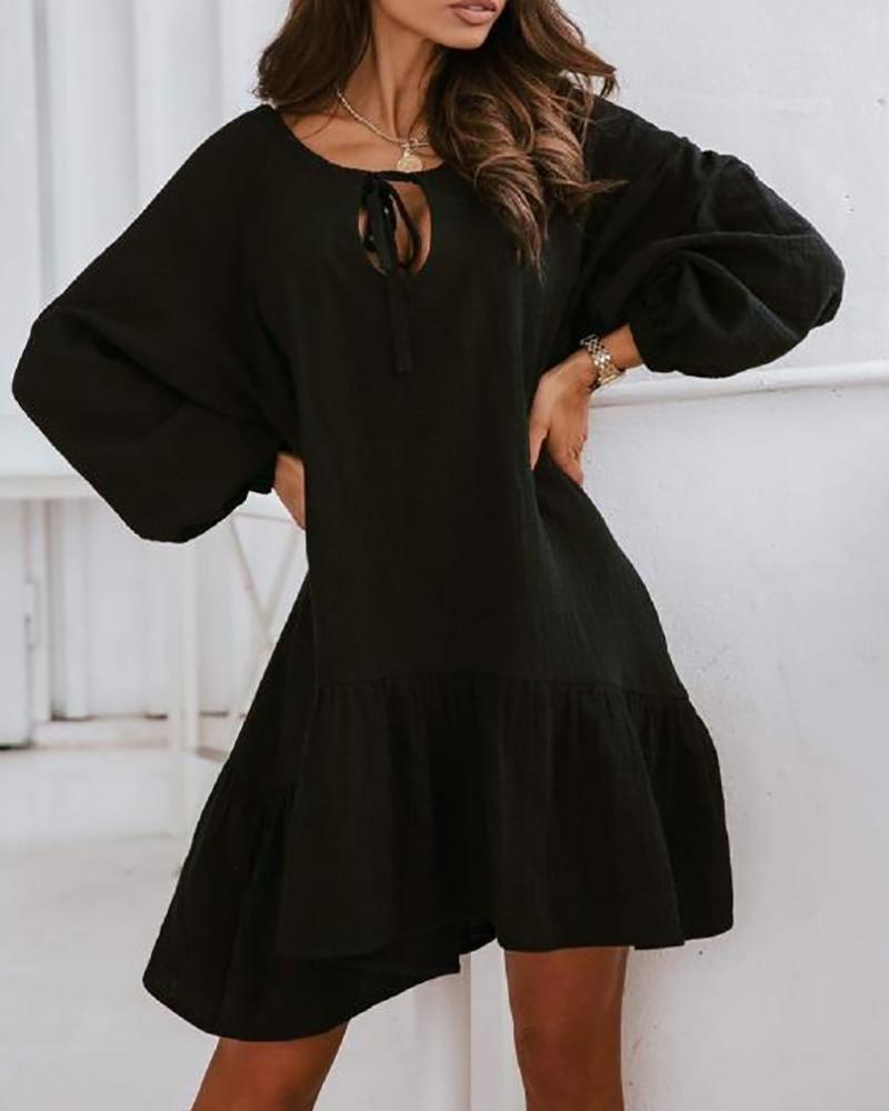 

Tie Front Lantern Sleeve Casual Dress, Black