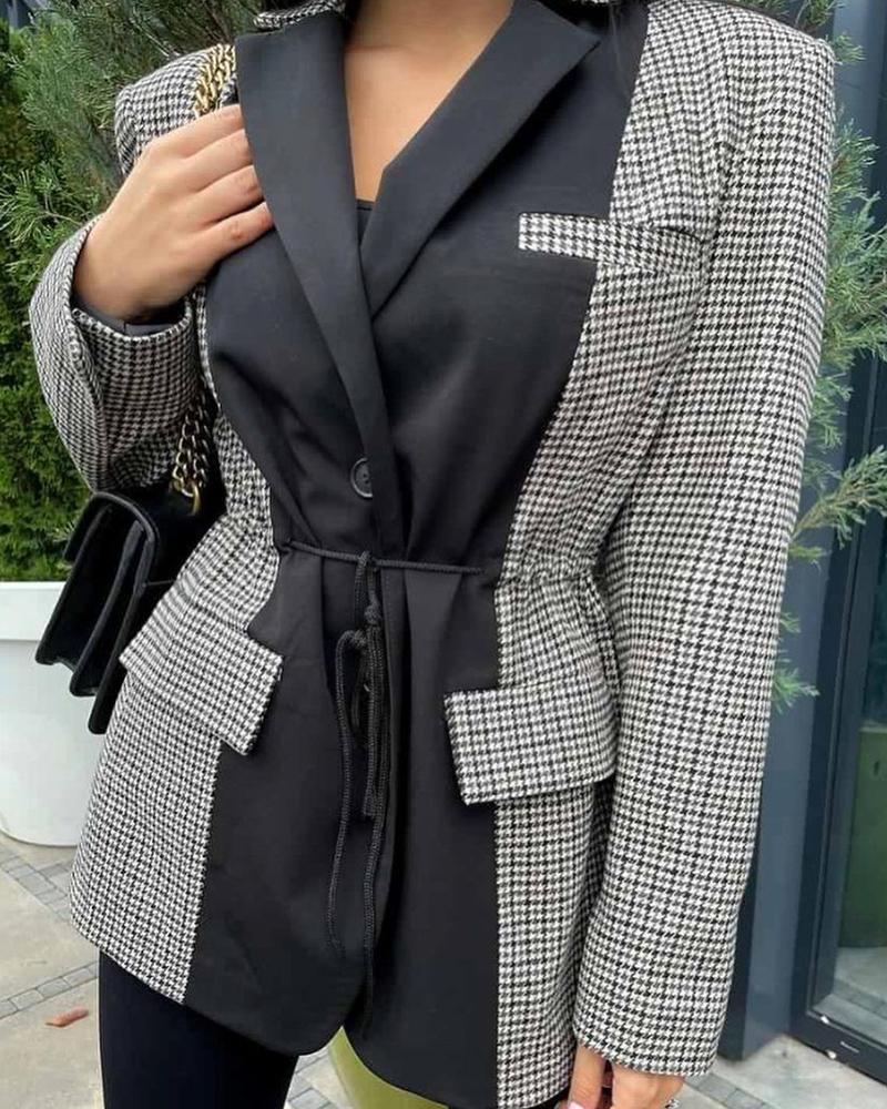 

Plaid Print Colorblock Drawstring Waist Button Pocket Design Coat, Black