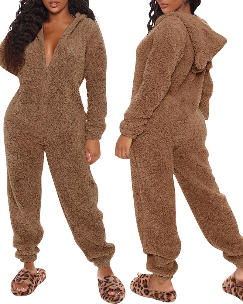 

3D Ear Zipper Front Hooded Fluffy Lounge Jumpsuit, Coffee