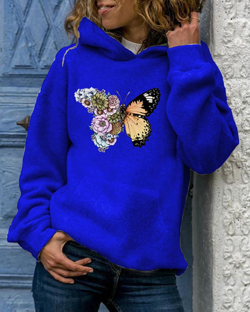 

Butterfly Print Pocket Design Hooded Top, Dark blue