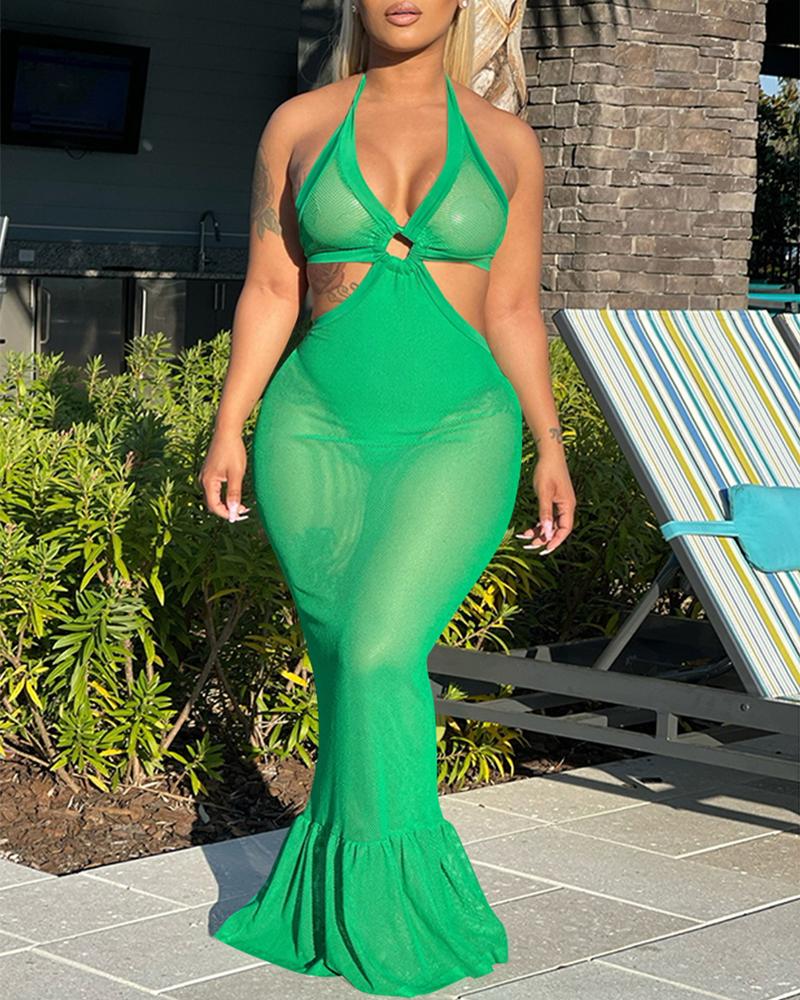 

O-Ring Halter Backless Sheer Mesh Mermaid Dress, Green
