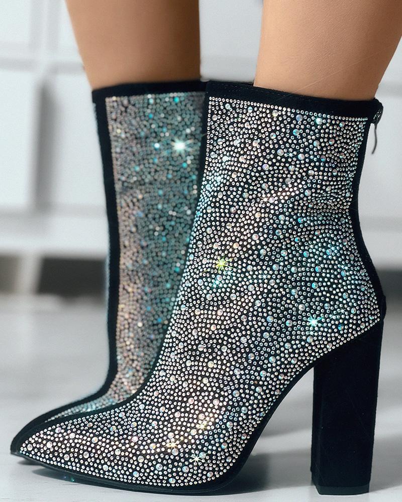 

Full Rhinestone Contrast Piping Chunky Boots, Black