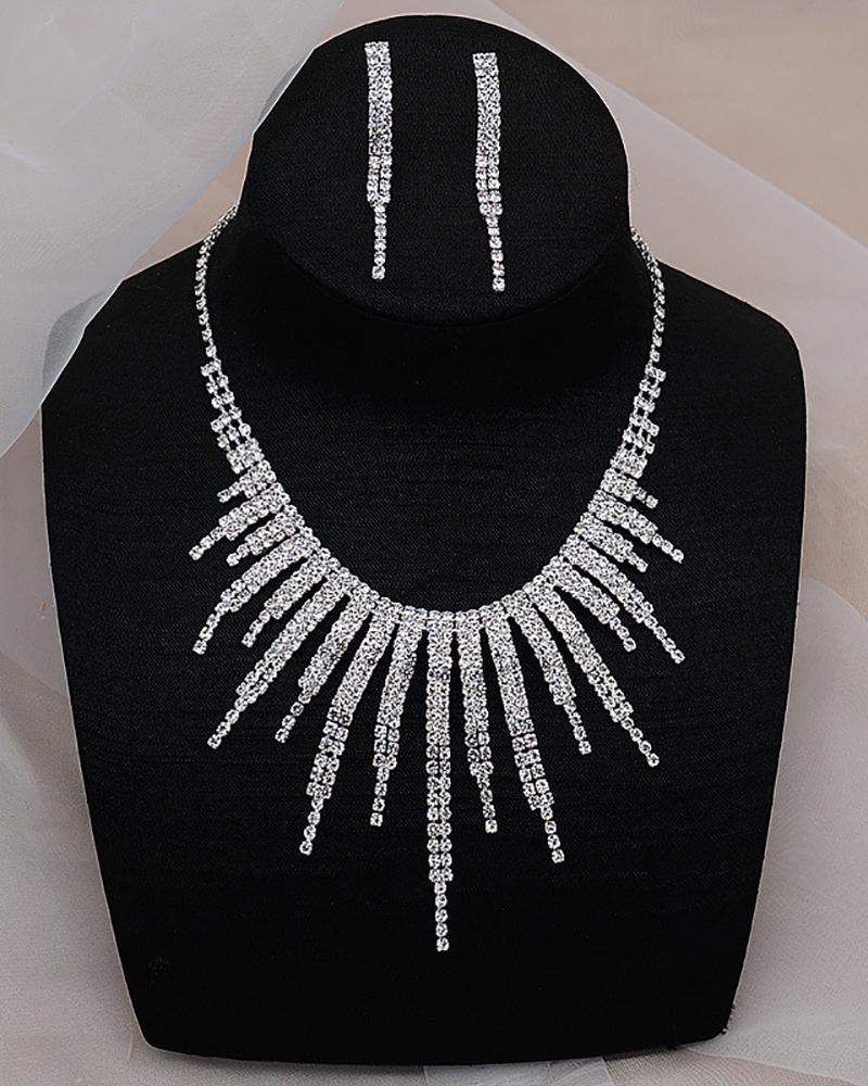 

Rhinestone Tassel Drop Earrings & Necklace Jewelry Set, Silver